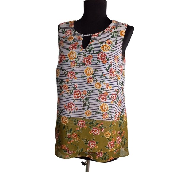 Cabi XS Tank Top Womens Floral Stripe Sleeveless Green White Keyhole Sheer Layer - Picture 1 of 9